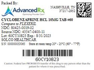 Cyclobenzaprine HCl 10mg Tab Qty 60 Ndc 80425 0019